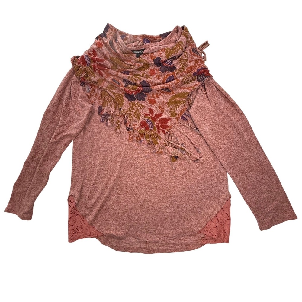 Hannah Womens L Boho Scarf Neck Fringe Lace Long Sleeve Top Rose Pink Cashmere B